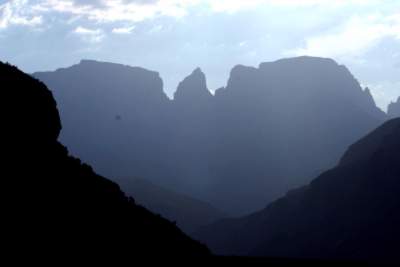 Unfortunately, despite local advice, we had ended up at the head of the wrong valley: we were at the camp site under the looming berg called "Monk's Cowl"